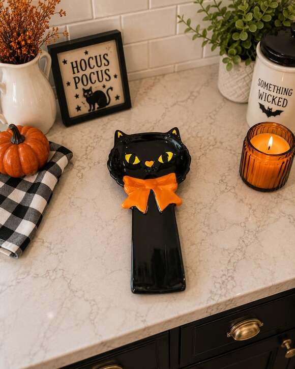 Unbranded Other - New Orange & Black Cat W/ Bow Halloween Holiday Kitchen Spoon Rest Decor